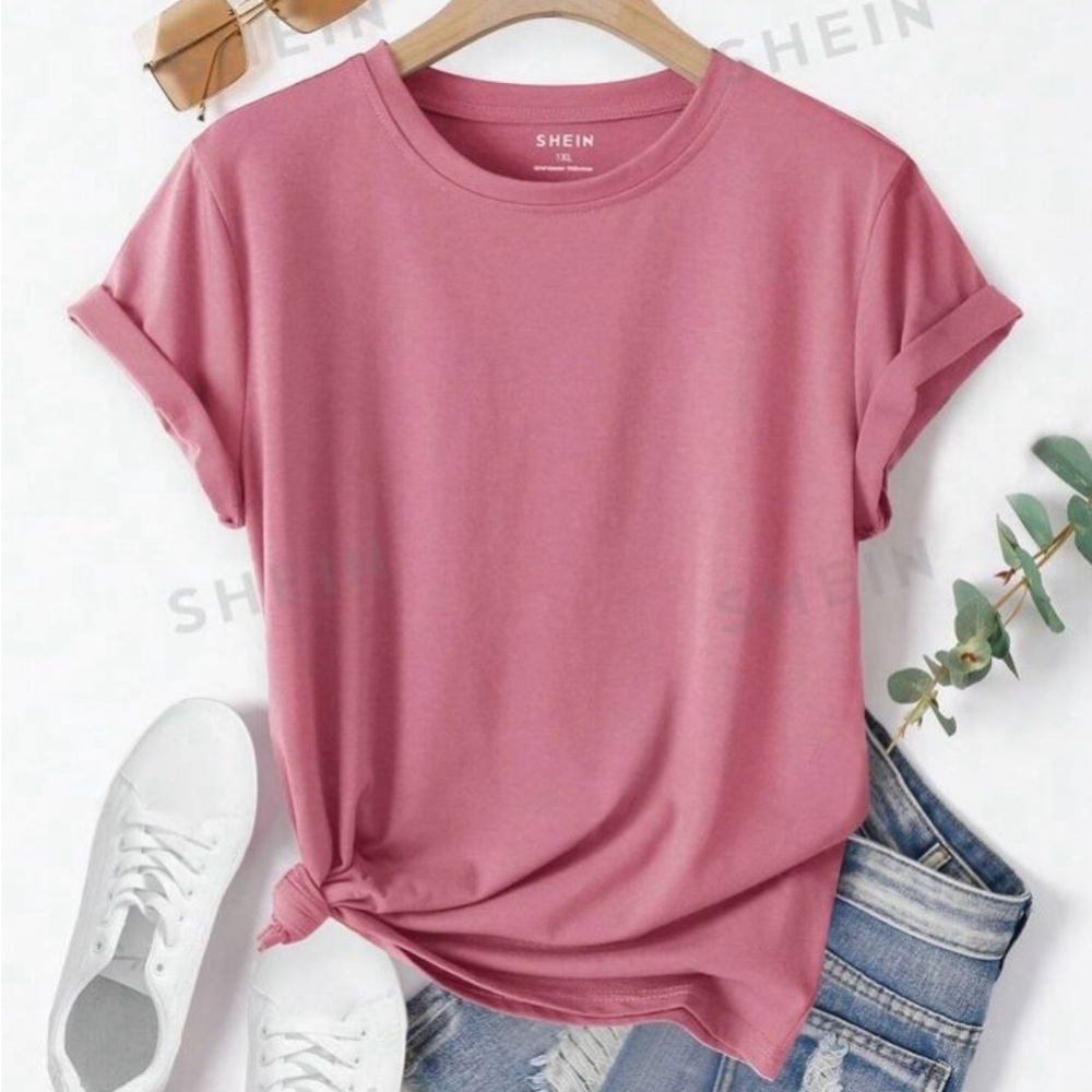 Women’s curve solid pink short sleeve casual summer T shirts